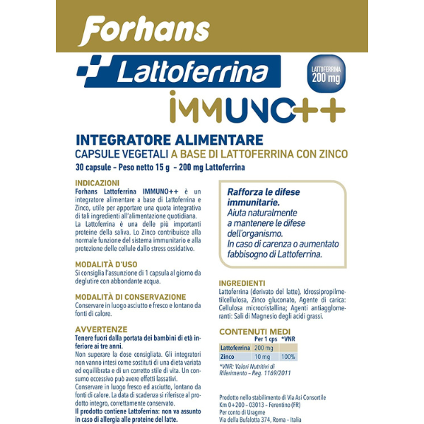Integratore Immuno++ con Lattoferrina 200 mg e Zinco, Senza Glutine, Confezione da 30 Capsule