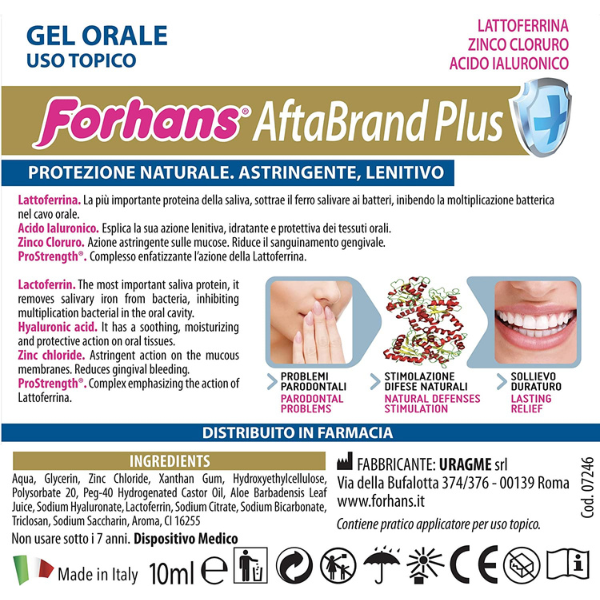 Gel Orale Aftabrand Plus, Previene Afte, Parodontiti e Sanguinamenti Gengivali, Senza Alcool, 10 ml