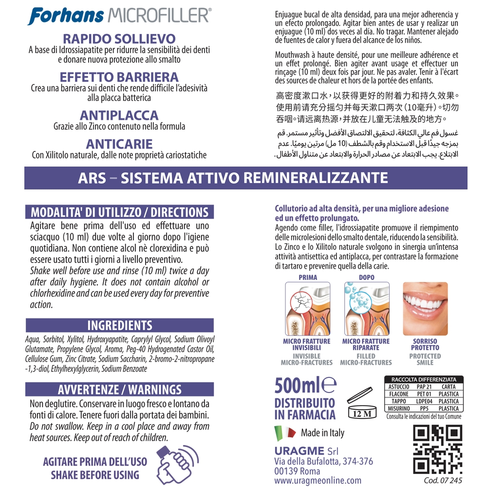 Collutorio Microfiller, Remineralizzante, Filler Quotidiano per lo Smalto Dentale, 500ml